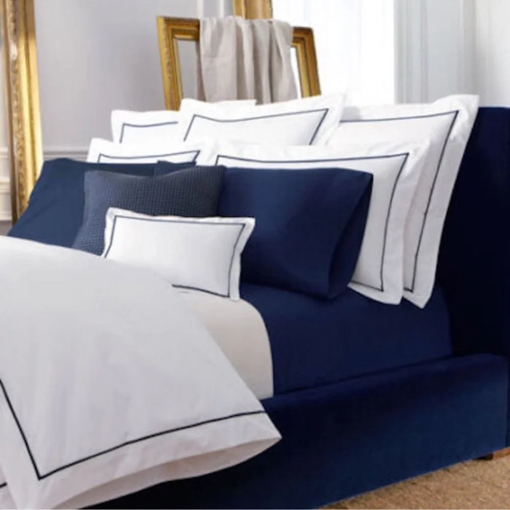 Ralph Lauren Bedding Organic Palmer Percale Navy Blue White King Flat Sheet NWT